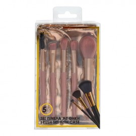Set 5 pensule machiaj roz aurii cu husa