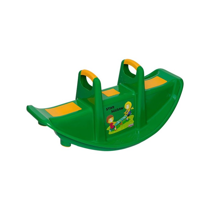 Balansoar de plastic verde cu manere galbene si scaune Balansoar de plastic verde cu manere galbene si scaune