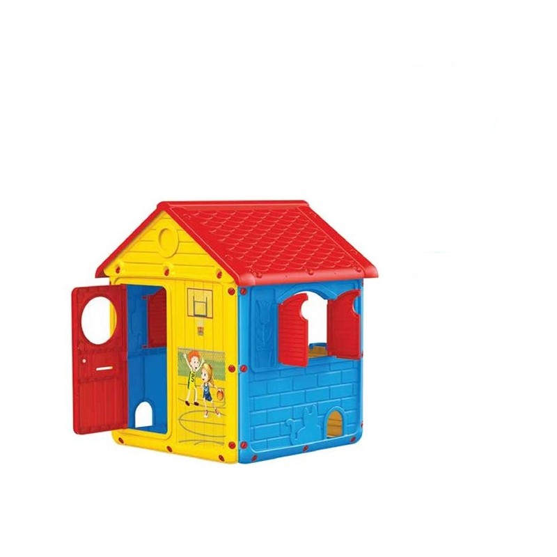 Casa de exterior pentru copii usa cu sonerie, cutie postala si ghiveci cu flori la fereastra