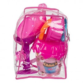 Galeata pentru plaja cu model cupcake, donut si 5 accesorii in rucsac practic transparent.