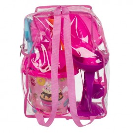 Galeata pentru plaja cu model cupcake, donut si 5 accesorii in rucsac practic transparent.