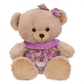 Ursulet de plus cu rochie mov floral si funda in cap 42cm