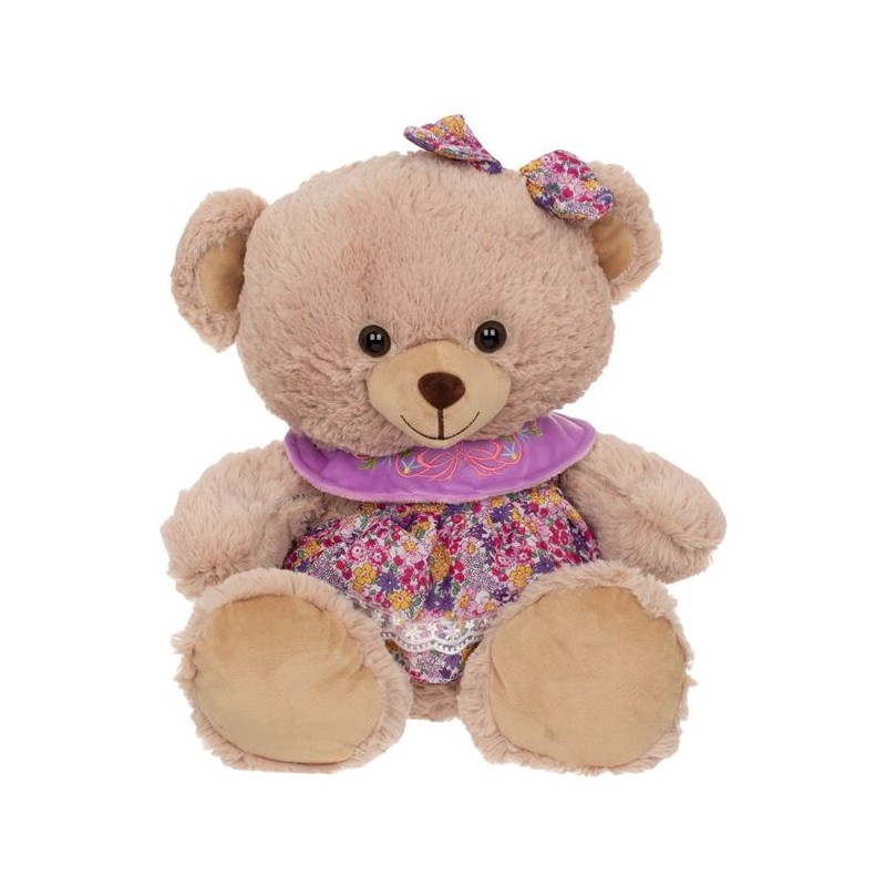 Ursulet de plus cu rochie mov floral si funda in cap 42cm Ursulet de plus cu rochie mov floral si funda in cap 42cm