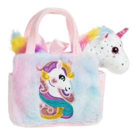Unicorn de plus alb argintiu cu stelute in geanta din blana cu broderie
