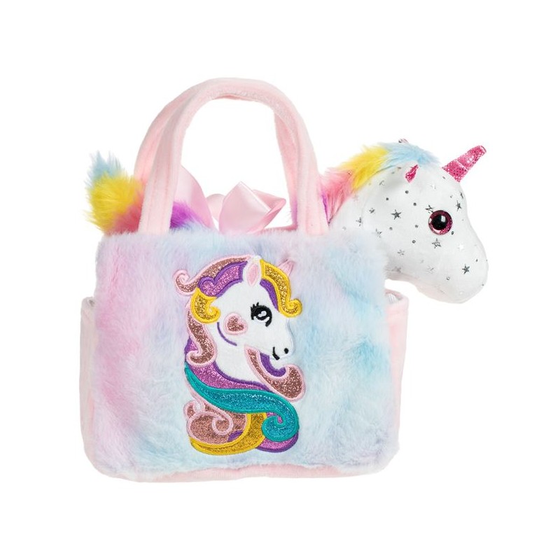 Unicorn de plus alb argintiu cu stelute in geanta din blana cu broderie