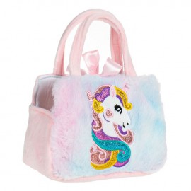 Unicorn de plus alb argintiu cu stelute in geanta din blana cu broderie