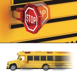 Autobuz scolar de culoare galbena, cu lumini, sunete de functionare