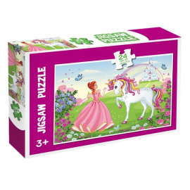 Puzzle cu printesa in rochita roz si unicorn