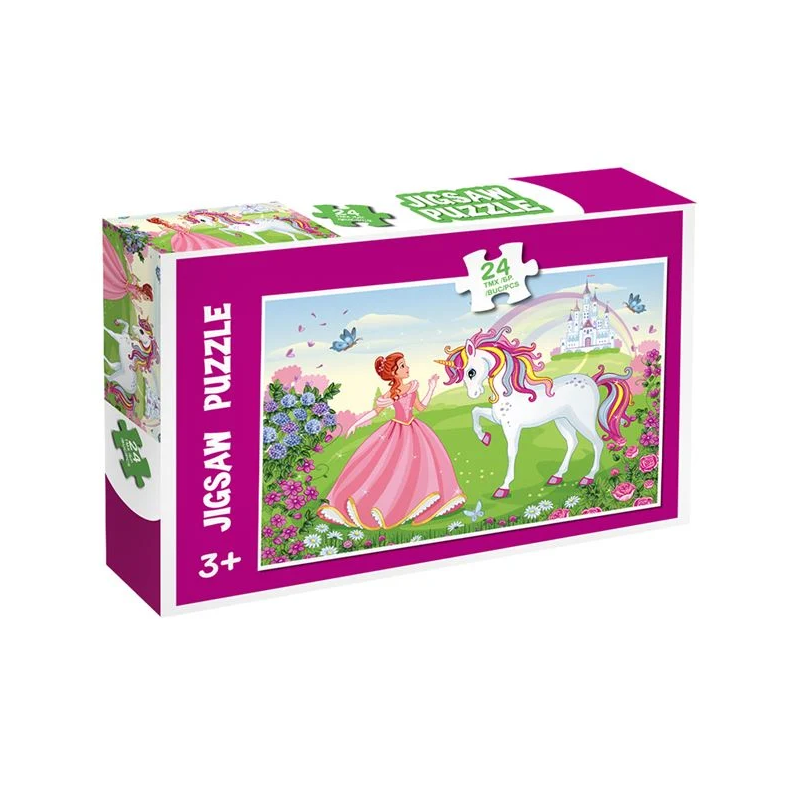 Puzzle cu printesa in rochita roz si unicorn Puzzle cu printesa in rochita roz si unicorn