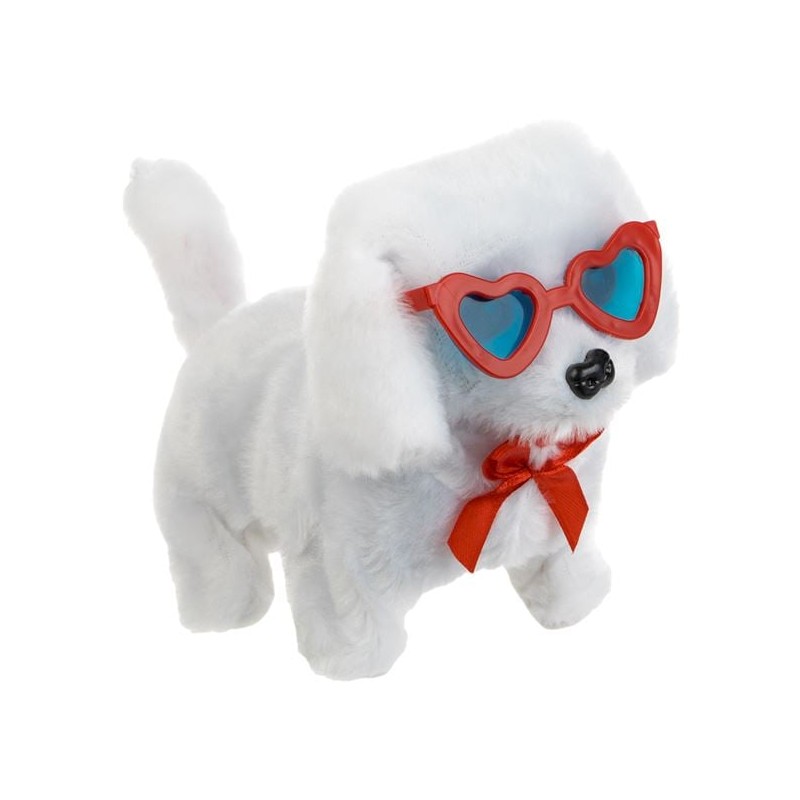 Caine interactiv Canis alb cu fundita rosie ochelari inimi miscare si sunet 15cm