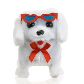 Caine interactiv Canis alb cu fundita rosie ochelari inimi miscare si sunet 15cm
