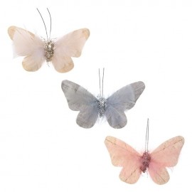 Set 3 decoratiuni perdea fluturi ecru, gri, nude glitter 13x8cm