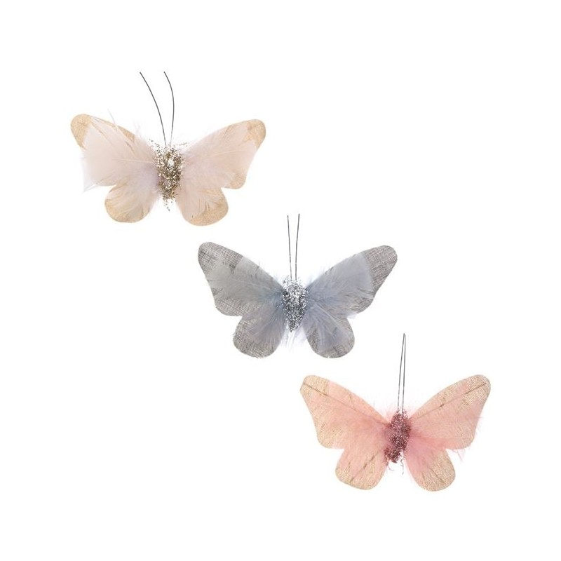 Set 3 decoratiuni perdea fluturi ecru, gri, nude glitter 13x8cm