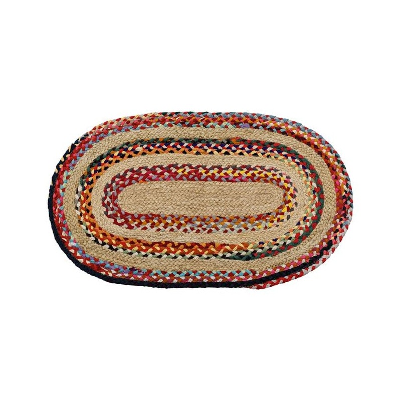 Covoras oval de iuta bej cu detalii colorate 90x50cm