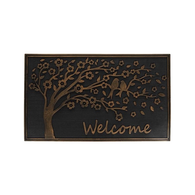 Covoras intrare negru cu model copac cu flori si pasari 75x45cm