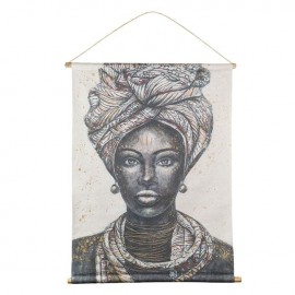 Tablou textil etnic ”Figura Alb Neagra de Femeie” cu suporturi din lemn 76x97cm