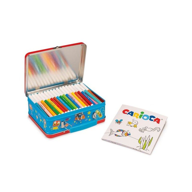 Set valiza metalica cu 80 de carioci cu varf subtire si bloc de desen