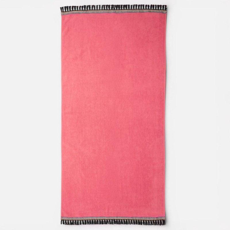 Prosop de plaja din bumbac fucsia cu bordura decorativa