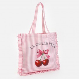 Geanta din material textil roz cu model dungi si cirese