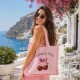 Geanta din material textil roz cu model dungi si cirese
