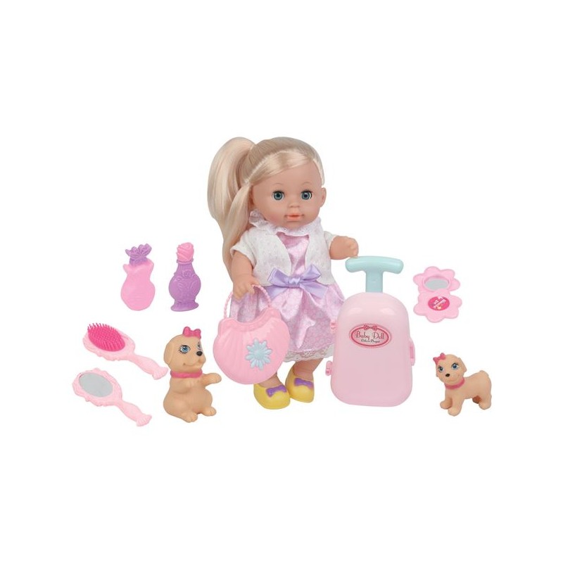 Papusa cu rochie roz, accesorii si 2 catei