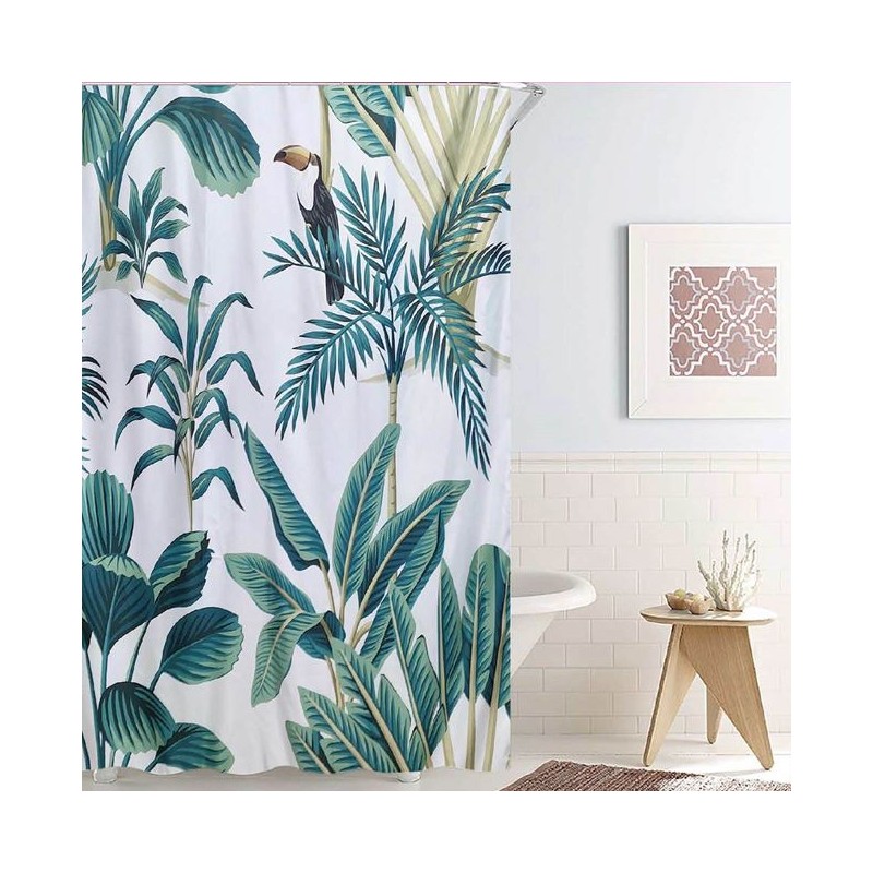 Perdea de dus alba cu frunze tropicale verzi 180x180cm Perdea de dus alba cu frunze tropicale verzi 180x180cm