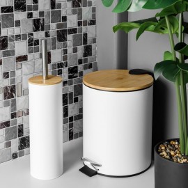 Perie WC metalica alba cu capac din bambus 39cm