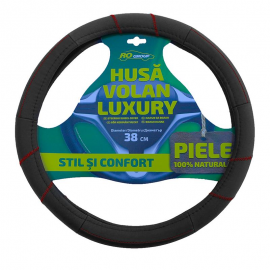 Husa volan Luxury  din piele naturala neagra cu cusatura rosie